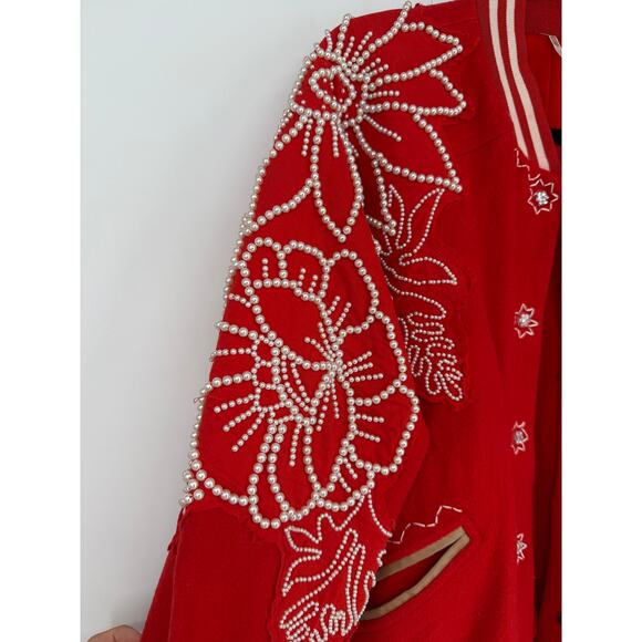 Free People Pretty In Pearls Bomber Jacket Varsity Red Medium M - Picture 7 of 14